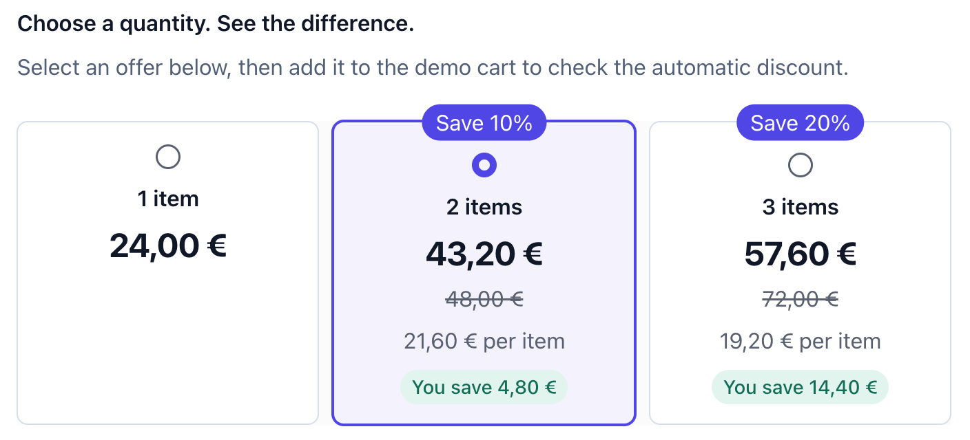 Three quantity cards on a product page: 1 item 24.00, 2 items 43.20 with Save 10 percent, 3 items 57.60 with Save 20 percent.