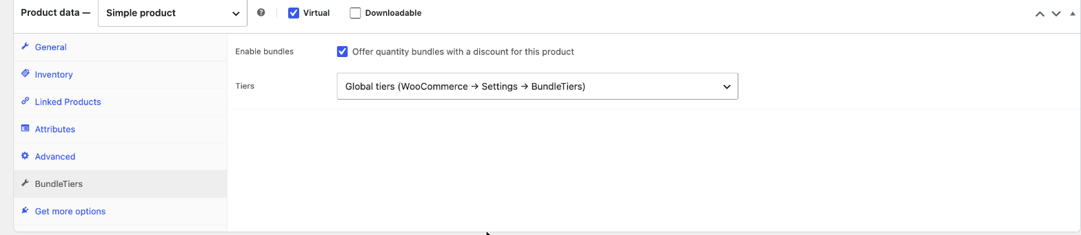 The BundleTiers tab in a WooCommerce product with Enable bundles ticked and Global tiers selected.