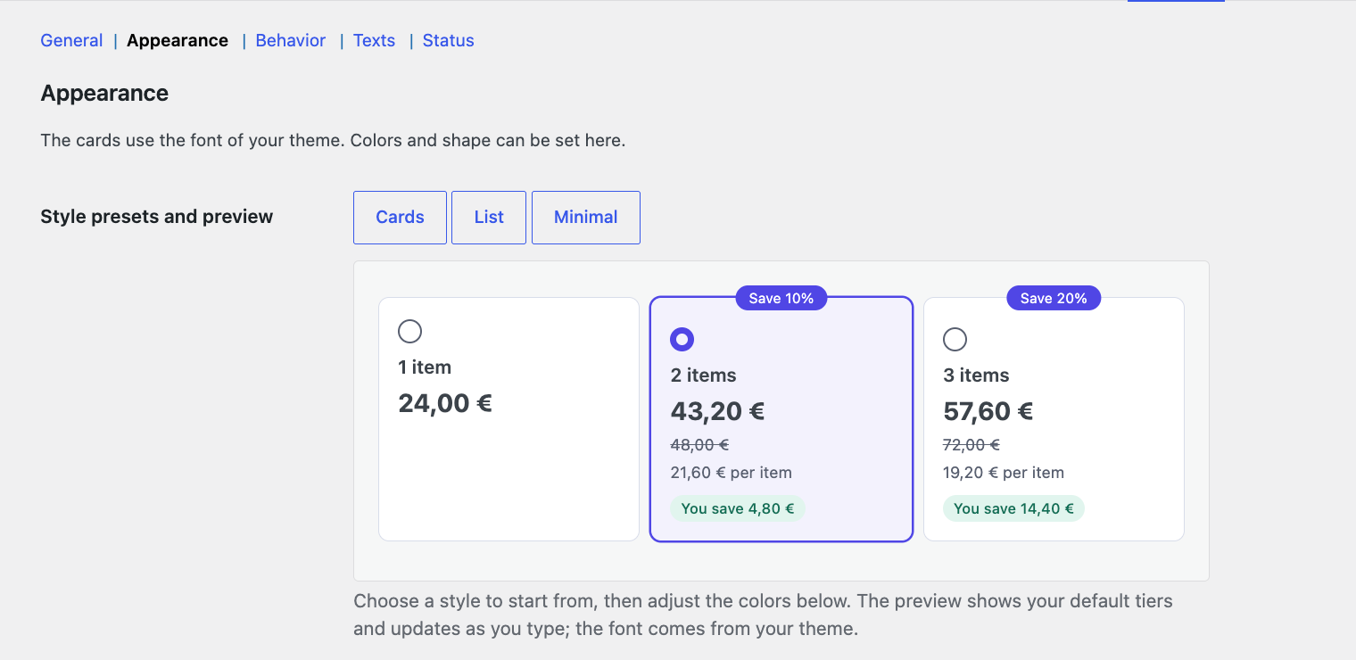 Appearance settings with Cards, List and Minimal presets and a live preview of the three quantity cards.