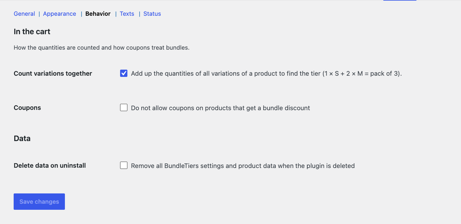 Behavior settings with Count variations together ticked, plus the coupon and uninstall options.
