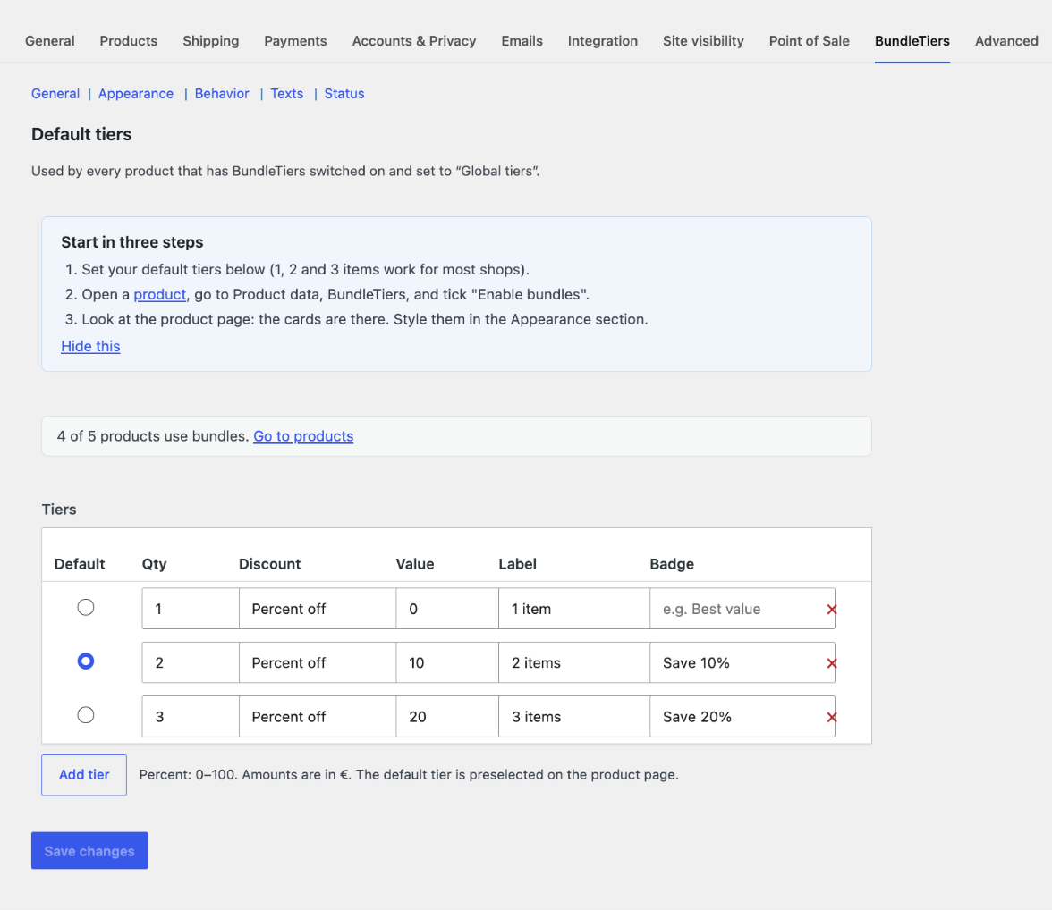 BundleTiers settings screen with the default tiers table: quantity, discount type, value, label and badge.