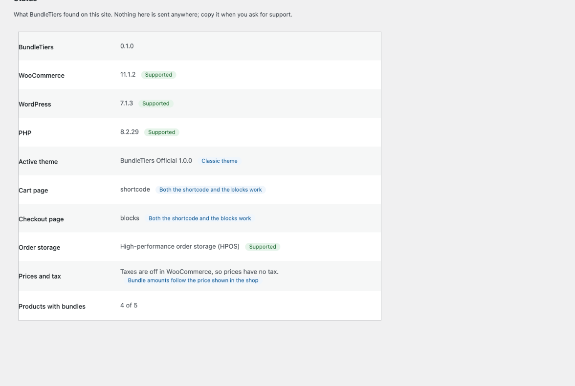 Status screen listing BundleTiers, WooCommerce, WordPress and PHP versions, theme, cart and checkout pages and order storage.